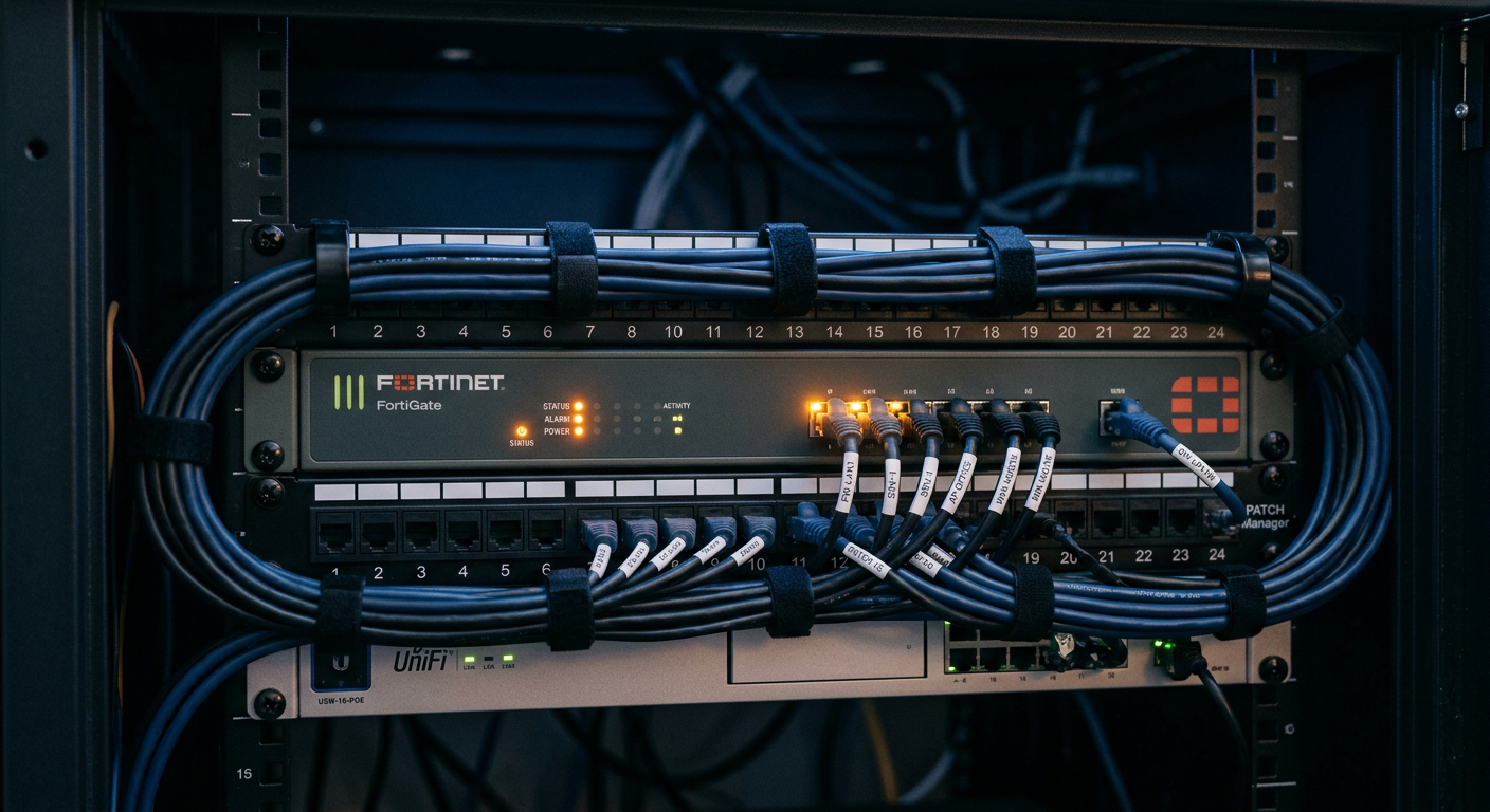 A neatly organized small office network rack with a firewall appliance