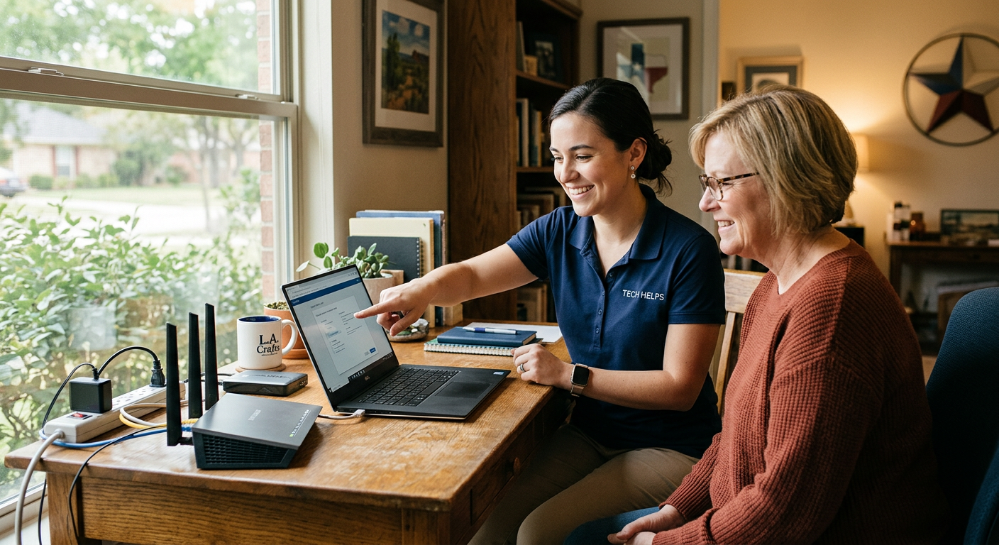 An NTX IT Pro consultant helping a small business owner set up a laptop and router in a home office